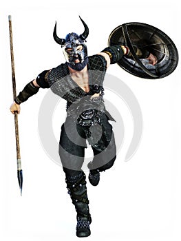 Viking attack with spear and shield on an isolated white background.