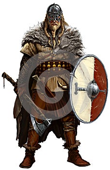 Viking with ax and shield on white.