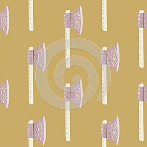 Viking ax silhouettes seamless doodle scandi pattern. Ocher background. Weapon history artwork in pastel tones