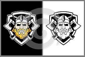 Viking with axe and shield vector logo template
