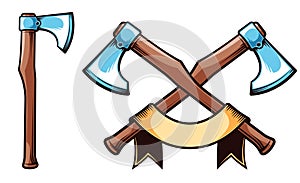 Viking battle axe. Big crossed axes emblem with ribbon