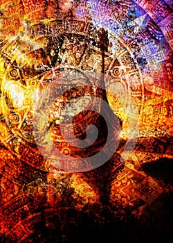 Viking Boat on the beach with wood dragon and Ancient Mayan Calendar, abstract color Background, computer collage.