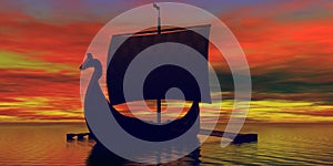 Viking Boat with Oars Sunrise