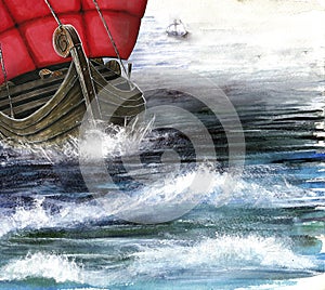 A viking boat in storming seething sea near the seacoast, hand painted artistic illustration