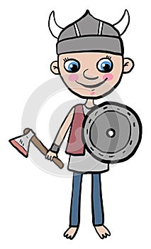 Viking boy with a shield, illustration, vector