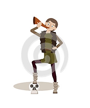 Viking cartoon character. A teenager boy stands with his foot on