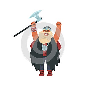 Viking. Cartoon Scandinavian character in military historic costume. Medieval Norwegian warlike barbarian. Shouting