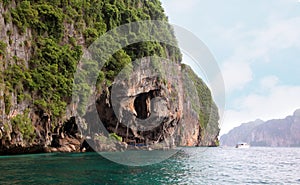 The Viking Cave, Koh Phi Phi Island, the Andaman Sea, Thailand. In the cave, highly valued edible swifts` nests are harvested and