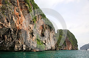 The Viking Cave, Koh Phi Phi Island, the Andaman Sea, Thailand. In the cave, highly valued edible swifts` nests are harvested and