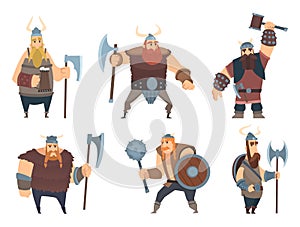 Viking characters. Medieval norwegian warriors military people vector cartoon mascots