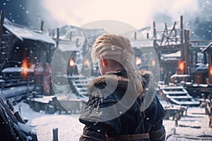 Viking child boy snow settlement. Generate Ai