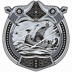 Viking design. Drakkar sailing in a stormy sea. In the frame of the Scandinavian pattern