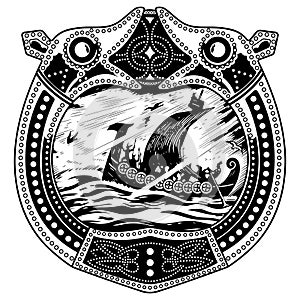 Viking design. Drakkar sailing in a stormy sea. In the frame of the Scandinavian pattern