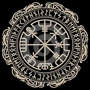 Viking design. Magical runic compass Vegvisir, in the circle of Norse runes and dragons