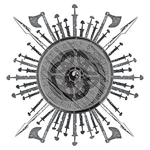 Viking design. The shield of a Viking with runes, battle axes, swords and spears