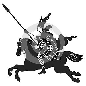 Viking design. Valkyrie on a warhorse, illustration to Scandinavian mythology, drawn in Art Nouveau style photo