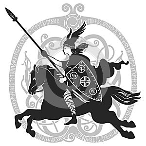 Viking design. Valkyrie on a warhorse, illustration to Scandinavian mythology photo