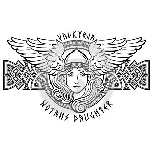 Viking Design. Valkyrie in a winged helmet. Image of Valkyrie, a woman warrior from Scandinavian mythology photo