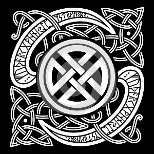 Viking, design. Vintage pattern and Norse runes. Illustration in the Scandinavian Celtic style