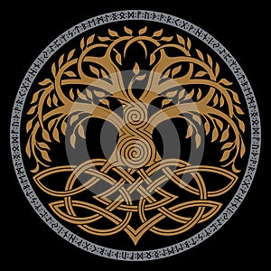 Viking design. World Tree from Scandinavian mythology - Yggdrasil and Celtic pattern, frame. Drawn in Old Norse Celtic