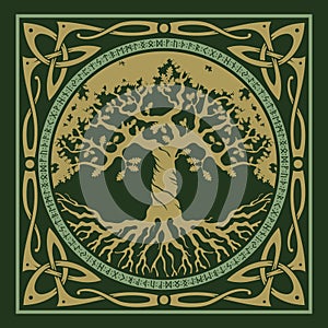 Viking design. World Tree from Scandinavian mythology - Yggdrasil and Celtic pattern, frame. Drawn in Old Norse Celtic photo