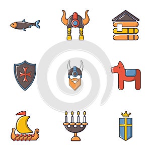 Viking equipment icons set, cartoon style