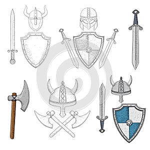 Viking equipment. Sword, shield, axe, helmets