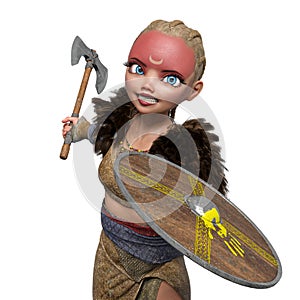 viking girl is attacking with sheild and axe close up view