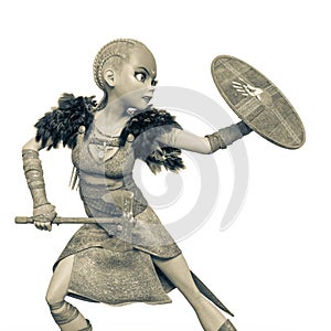 viking girl is furious and holding a sheild and axe photo