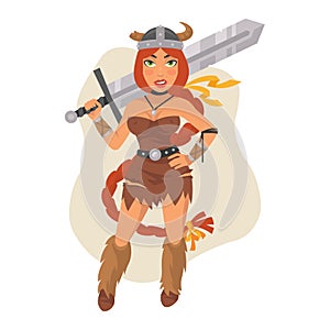 Viking Girl Holds Sword on Shoulders