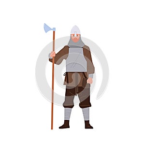 Viking guard man, warrior knight, ancient norwegian soldier cartoon character isolated on white