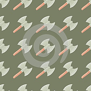 Viking hatchets seamless doodle pattern in pastel pale tones. Grey scandinavian old armor silhouettes on green background