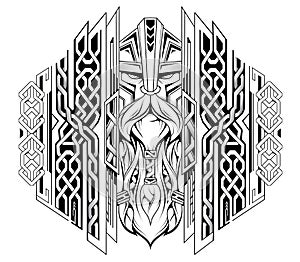 Viking head with ornaments as tattoo illustration