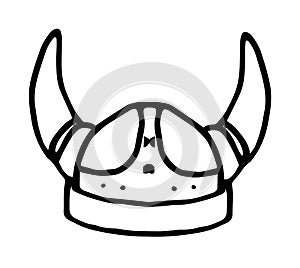 Viking helmet with horns. Doodle-style vintage Scandinavian helmet with horns front view, isolated black line on white for design