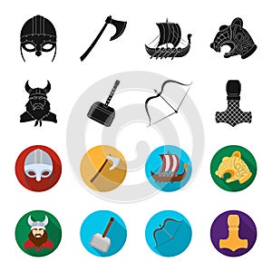 Viking in helmet with horns, mace, bow with arrow, treasure. Vikings set collection icons in black,flet style vector