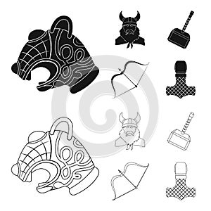 Viking in helmet with horns, mace, bow with arrow, treasure. Vikings set collection icons in black,outline style vector