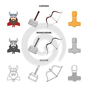 Viking in helmet with horns, mace, bow with arrow, treasure. Vikings set collection icons in cartoon,outline,monochrome