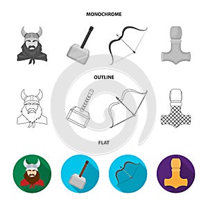 Viking in helmet with horns, mace, bow with arrow, treasure. Vikings set collection icons in flat,outline,monochrome