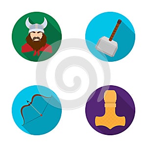 Viking in helmet with horns, mace, bow with arrow, treasure. Vikings set collection icons in flat style vector symbol