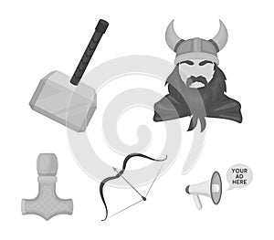 Viking in helmet with horns, mace, bow with arrow, treasure. Vikings set collection icons in monochrome style vector