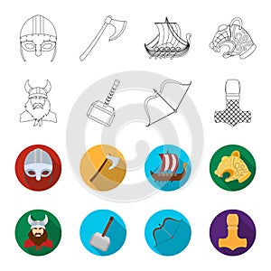 Viking in helmet with horns, mace, bow with arrow, treasure. Vikings set collection icons in outline,flat style vector