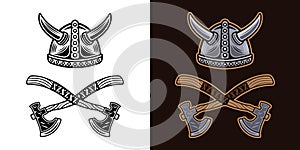 Viking helmet and two crossed axes vector illustration in two styles black on white and colorful on dark background