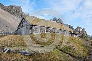 Viking house in the viking village at Vestrahorn in Iceland