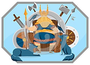 Viking kind with helmet wings character male, ruler sitting throne, sword, shield, axe, flat vector illustration