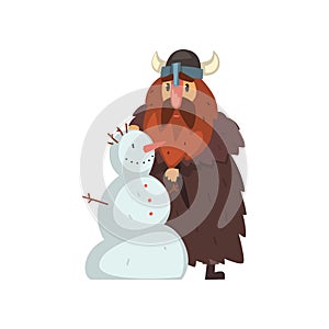 Viking making a snowman, comic medieval cartoon character vector Illustration