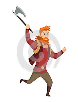 Viking man with axe. Bearded men warrior or hero of scandinavian legends. Cartoon barbarian history character with