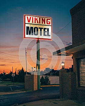 Viking Motel sign at sunset, in Detroit, Michigan