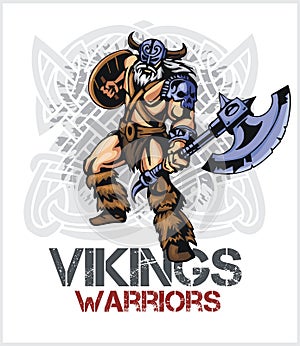 Viking norseman mascot cartoon with ax and shield