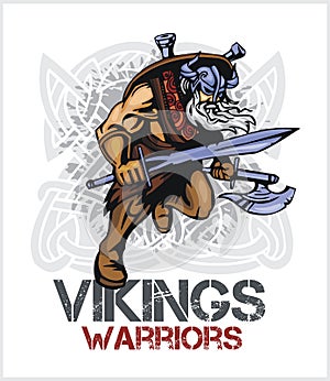Viking norseman mascot cartoon with ax and sword