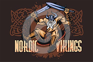Viking norseman mascot cartoon with two swords photo